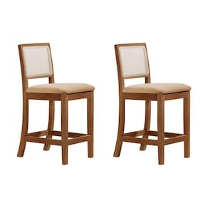 Kit 2 Banquetas Altas Luxo Em Tela Sextavadas Assento Estofado Linho Bege Rubi Madeira Maciça Imbuia