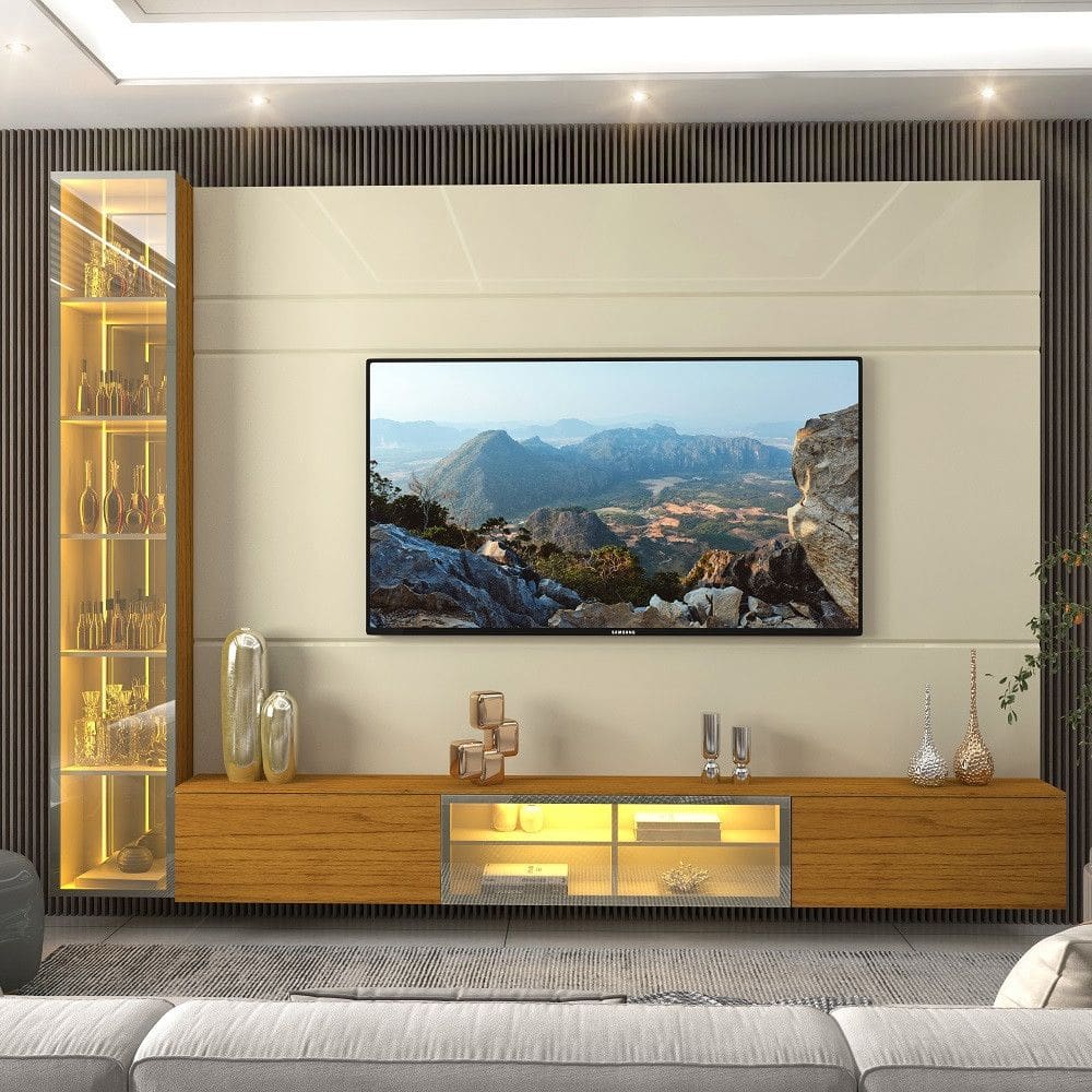 Estante Home para TV até 85 Polegadas com Cristaleira LED e Vidro Reflecta 4 Portas em MDF Luminare Gelius