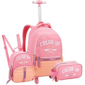 Kit Mochila Rodas Escolar Color Up Estojo Lancheira - Rosa