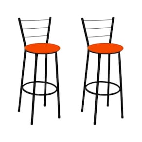 Kit 2 Banquetas Altas Preta com Encosto Assento Laranja