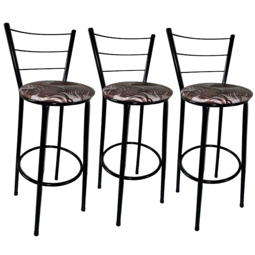Kit 3 Banquetas Altas Preta com Encosto Assento Floral Marrom