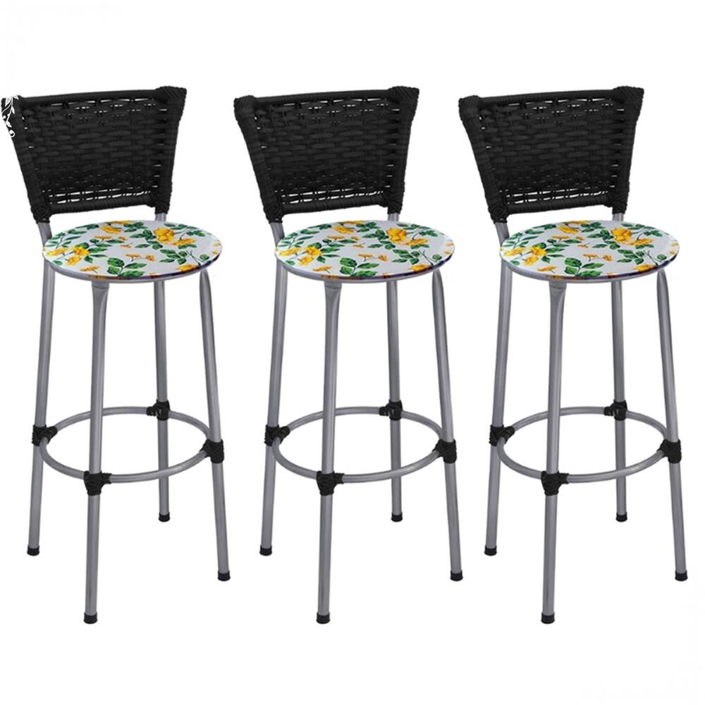 Kit 3 Banquetas Altas Prata com Encosto Junco Preto Assento Floral Branco