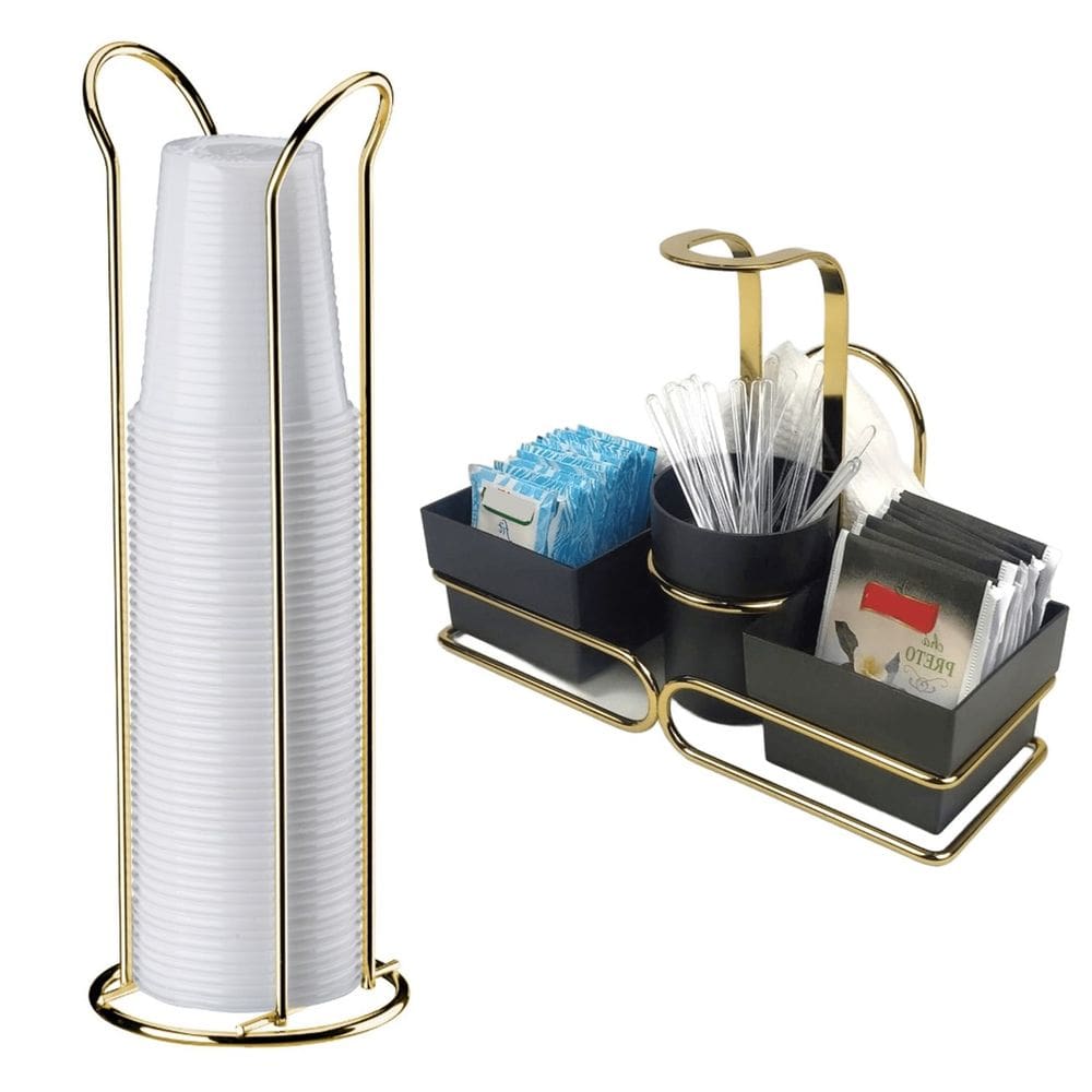 Kit Café 2 Peças Suporte Copos 200ml Porta Sachês Mexedores Guardanapos Preto Dourado - Future
