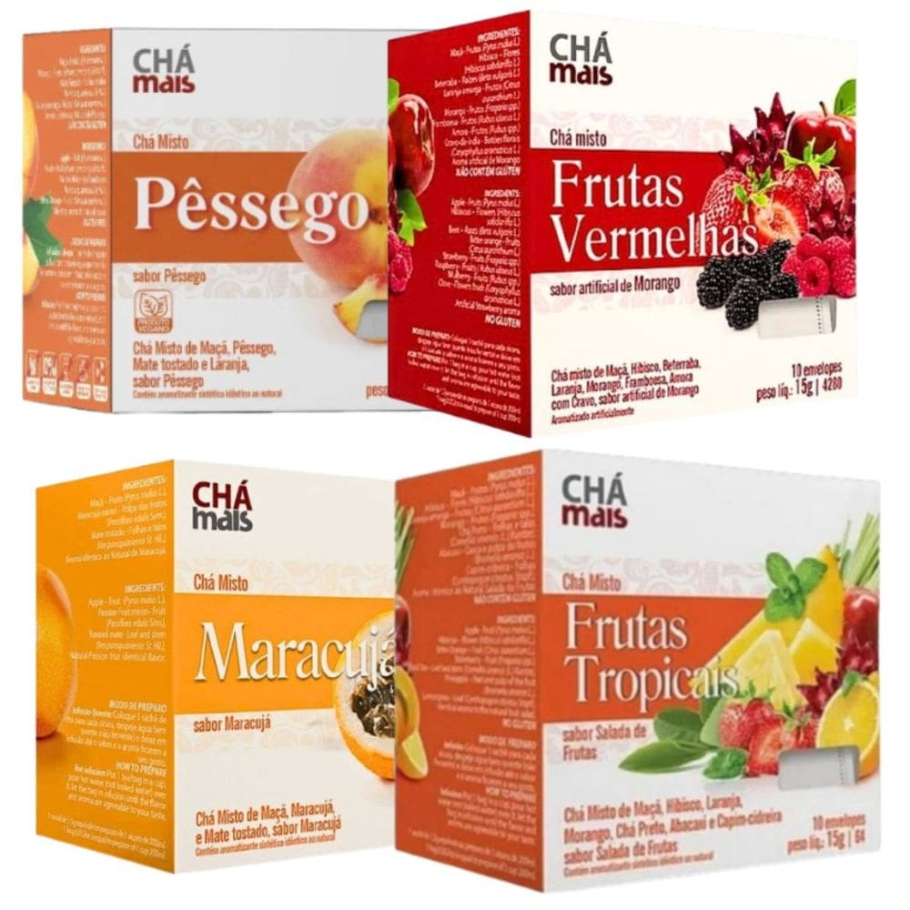 Chá de Pêssego Maracujá Frutas Vermelhas e Tropicais Cx. 10 sachês Kit com 4