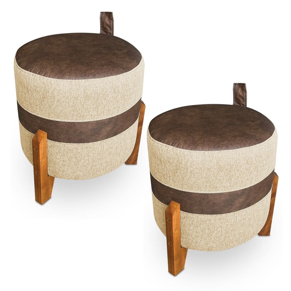 Kit 02 Puffs Le Mans Linho Dourado e Corano Nozes Base de Madeira - Pallazio