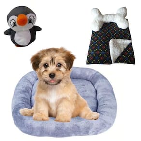 Cama Bigata M Tecido Soft Com Osso Pelucia E Manta Kit 4 Peças Cinza