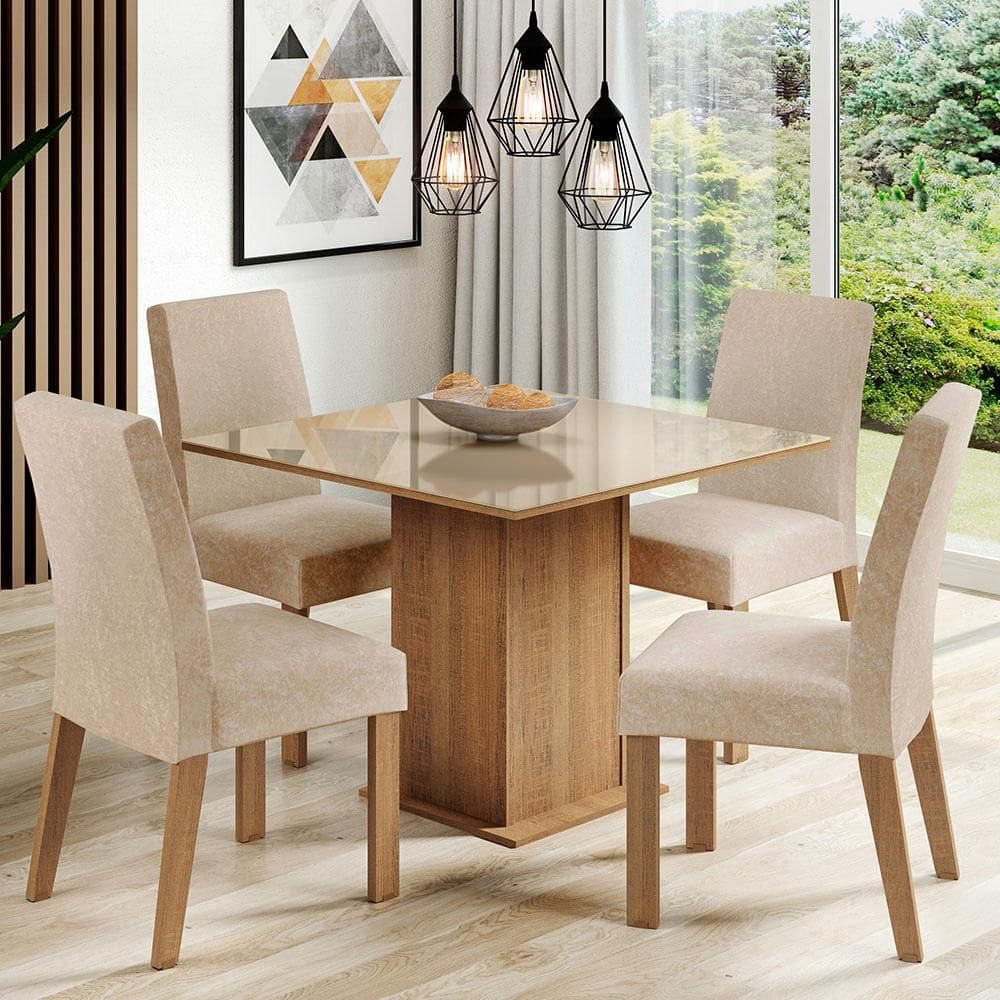 Conjunto Sala de Jantar Madesa Evelin Mesa Tampo de Vidro com 4 Cadeiras - Rustic/Crema/Imperial XV