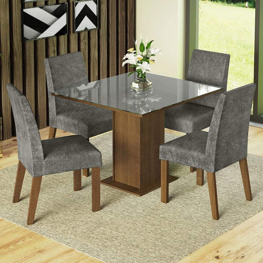 Conjunto Sala de Jantar Mesa Tampo de Vidro 4 Cadeiras Rustic/Cinza/Silver Anne Madesa XV