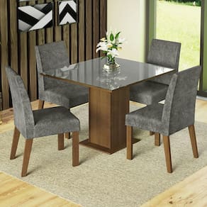 Conjunto Sala de Jantar Mesa Tampo de Vidro 4 Cadeiras Rustic/Cinza/Silver Anne Madesa XV