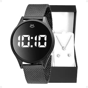 Relogio Feminino Digital Led Aço + Brincos + Caixa + Colar
