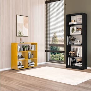 Kit com 1 Estante Livreiro 5 Nichos Montreal e 1 Estante Multiuso 5 Nichos Cairo Preto/Freijó