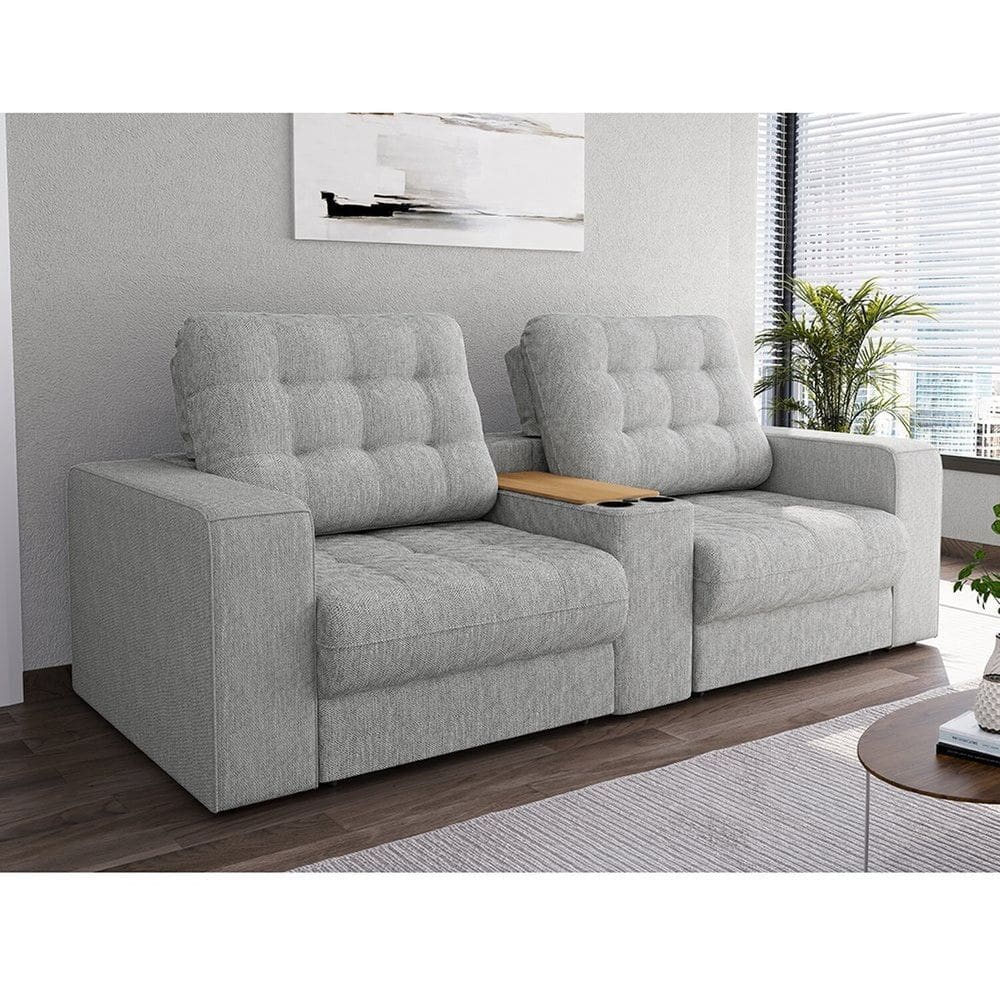 Sofá 263cm Retrátil e Reclinável 2 Lugares com Console Cooler Choloma Espresso Móveis Cinza