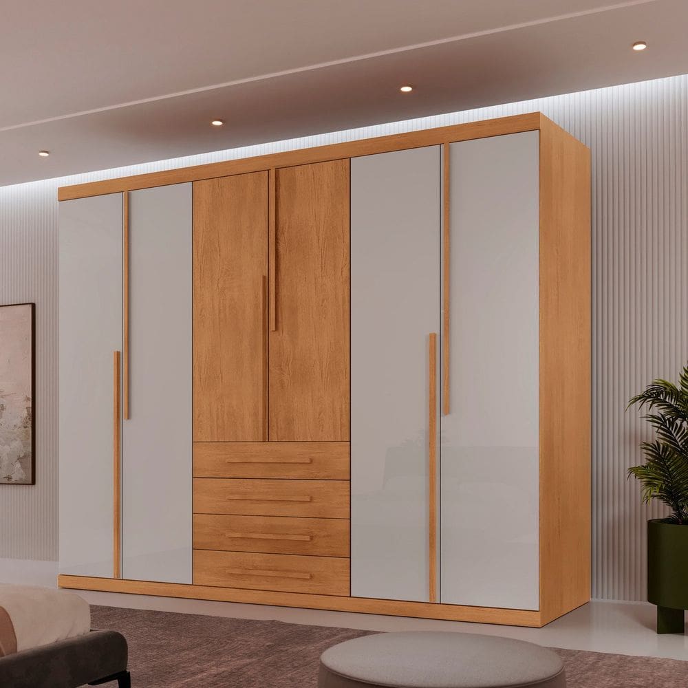 Guarda-roupa Casal 100% Mdf 6 Portas e 4 Gavetas Hórus Naturalle/Off White