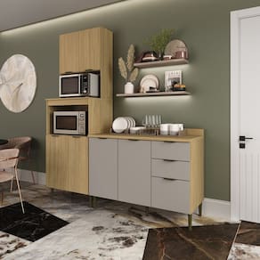 Cozinha Modulada 2 Peças 7 Portas 2 Gavetas Balcão com Tampo Ibiza Louro Freijó/Cinza