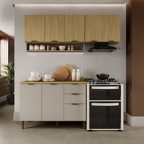 Cozinha Modulada 3 Peças, 1 Balcão, 2 Aéreo 8 Portas 2 Gavetas com Tampo Ibiza Louro Freijó/Cinza