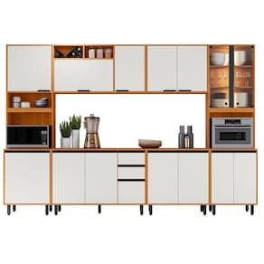 Cozinha Modulada Ravena 6 Peças 15 Portas com Paneleiro Duplo e Cristaleira Poliman Móveis