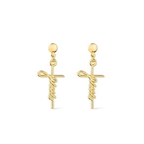 Brinco Dourado De Cruz Com A Palavra Jesus