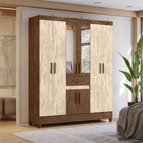Guarda Roupa Casal Ambiente Portugal 8 Portas Castanho Wood Avelã Wood com Espelho - Moval