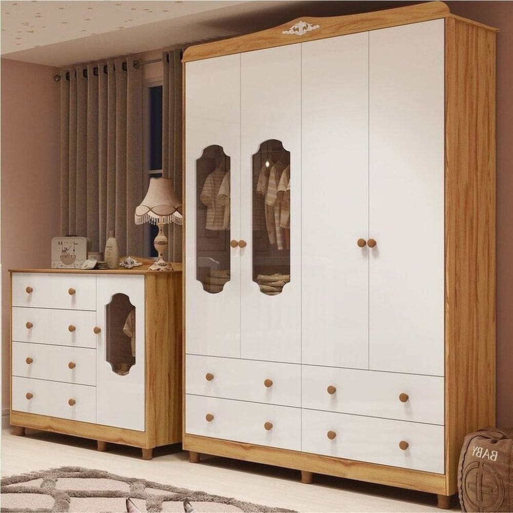 Quarto de Bebê com Guarda-roupa e Cômoda Janelados 100% Mdf Mateo Provençal Espresso Móveis Branco Brilho/Amêndoa
