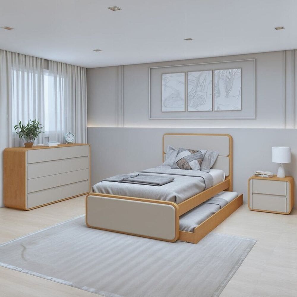 Quarto Completo Cama Solteiro com Cômoda 8 Gavetas e Mesa de Cabeceira Amêndoa Clean/Off White