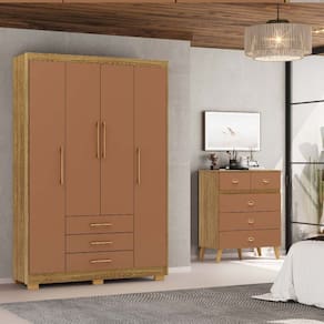 Guarda-Roupa Espanha 4 Portas 3 Gavetas Cômoda Ibiza 5 Gavetas Nature/Camarim - Vila Rica