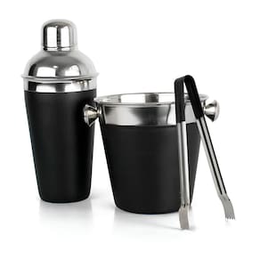 Conj Bar Coqueteleira Balde Pegador Inox Preto 3 Peças Preto