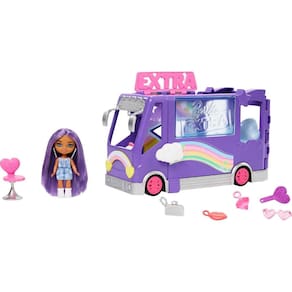 Playset Barbie Extra Mini Mini Boneca e veículo de brinquedo com ônibus de turismo