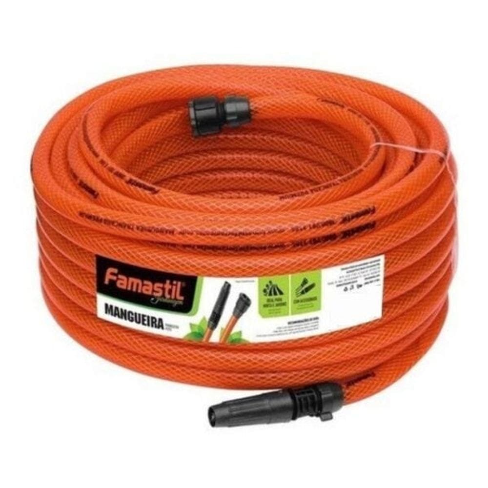 Kit Mangueira Jardim 15M Trançada Laranja Esguicho Famastil