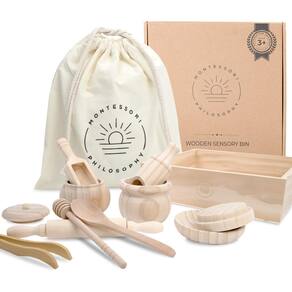 Filosofia Sensory Bin Montessori com ferramentas para mais de 3 anos
