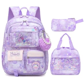 Conjunto de mochila escolar Alrisg Lovely Girls de 17 polegadas roxa