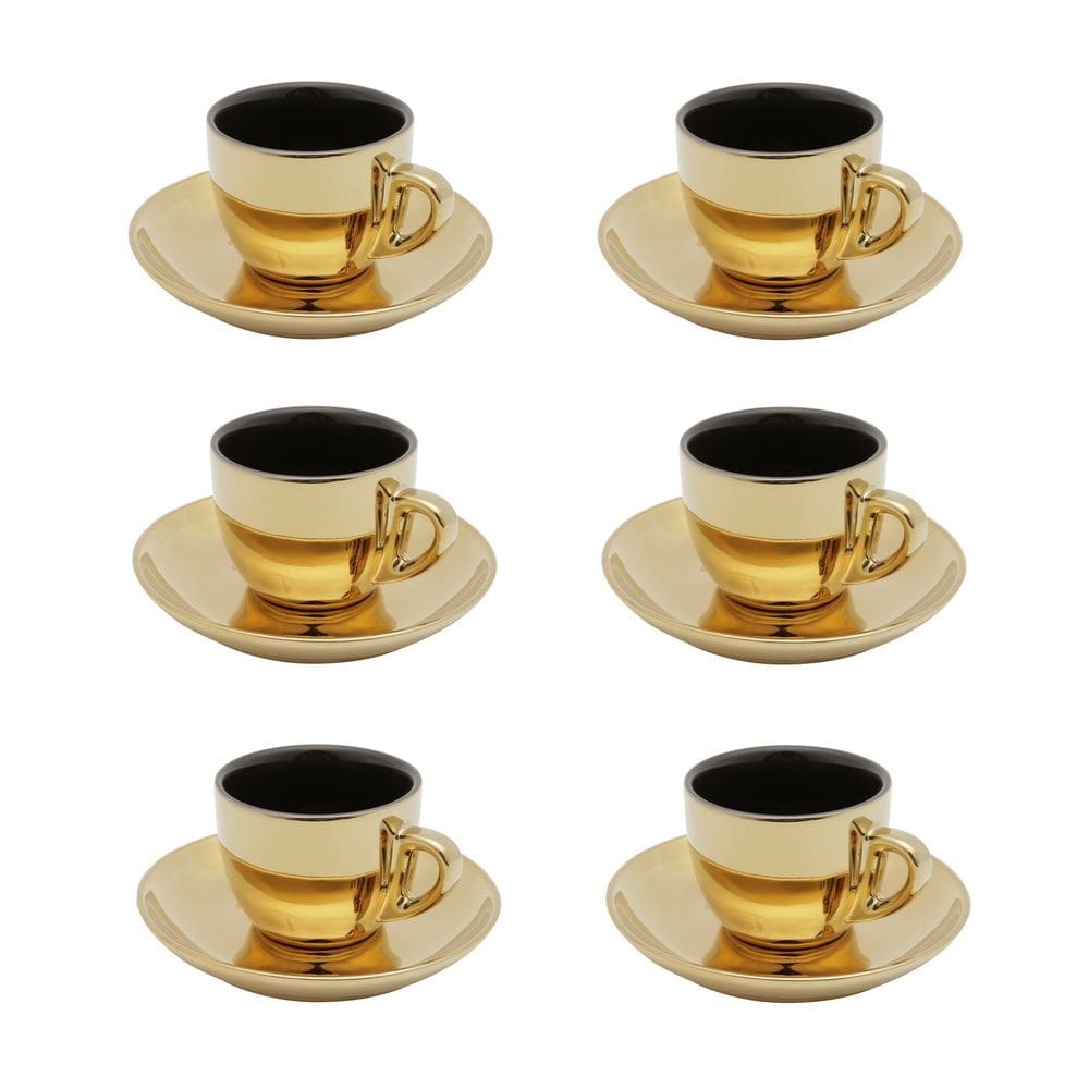 Cj 6 Xícaras P/Chá C/Pires de Porcelana Versa Preto/Dourado 220ml Wolff