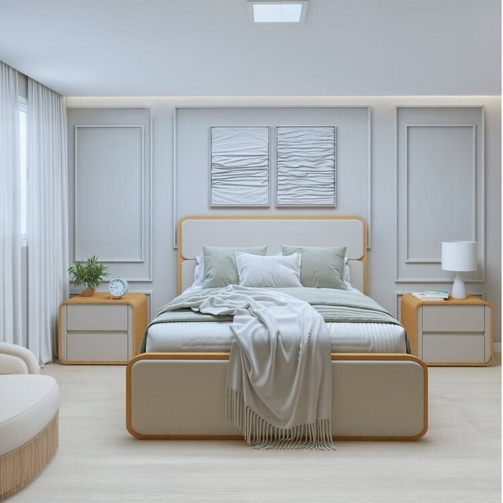 Cama de Casal com 2 Mesas de Cabeceiras Loop Amêndoa Clean