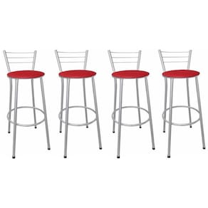 Kit 4 Banquetas Altas Prata com Encosto Assento Vermelho