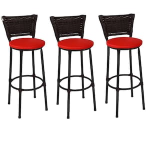 Kit 3 Banquetas Altas Preta com Encosto Junco Argila Assento Vermelho