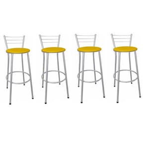Kit 4 Banquetas Altas Prata com Encosto Assento Amarelo