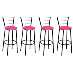 Kit 4 Banquetas Altas Preta com Encosto Assento Rosa