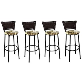Kit 4 Banquetas Altas Preta com Encosto Junco Argila Assento Floral Marrom