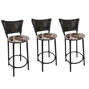 Kit 3 Banquetas Altas Preta com Encosto Junco Argila Assento Floral Marrom