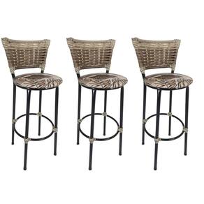 Kit 3 Banquetas Altas Preta com Encosto Junco Capuccino Assento Floral Marrom
