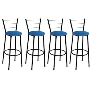 Kit 4 Banquetas Altas Preta com Encosto Assento Azul