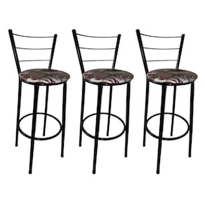 Kit 3 Banquetas Altas Preta com Encosto Assento Floral Marrom
