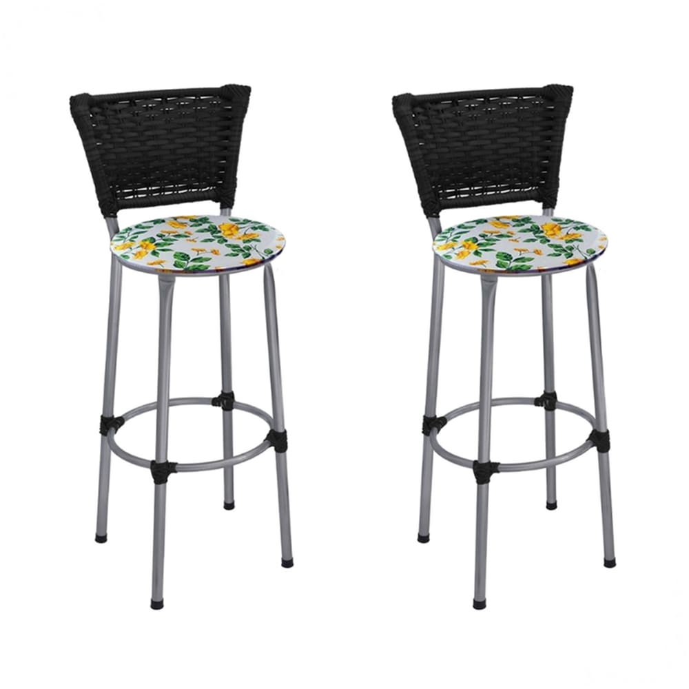 Kit 2 Banquetas Médias Prata com Encosto Junco Preto Assento Floral Branco
