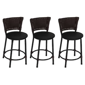 Kit 3 Banquetas Baixas Preta com Encosto Junco Argila Assento Preto