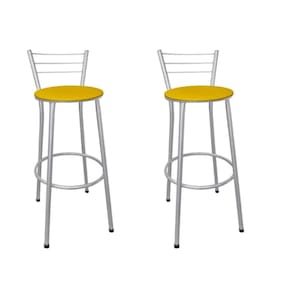 Kit 2 Banquetas Médias Prata com Encosto Assento Amarelo