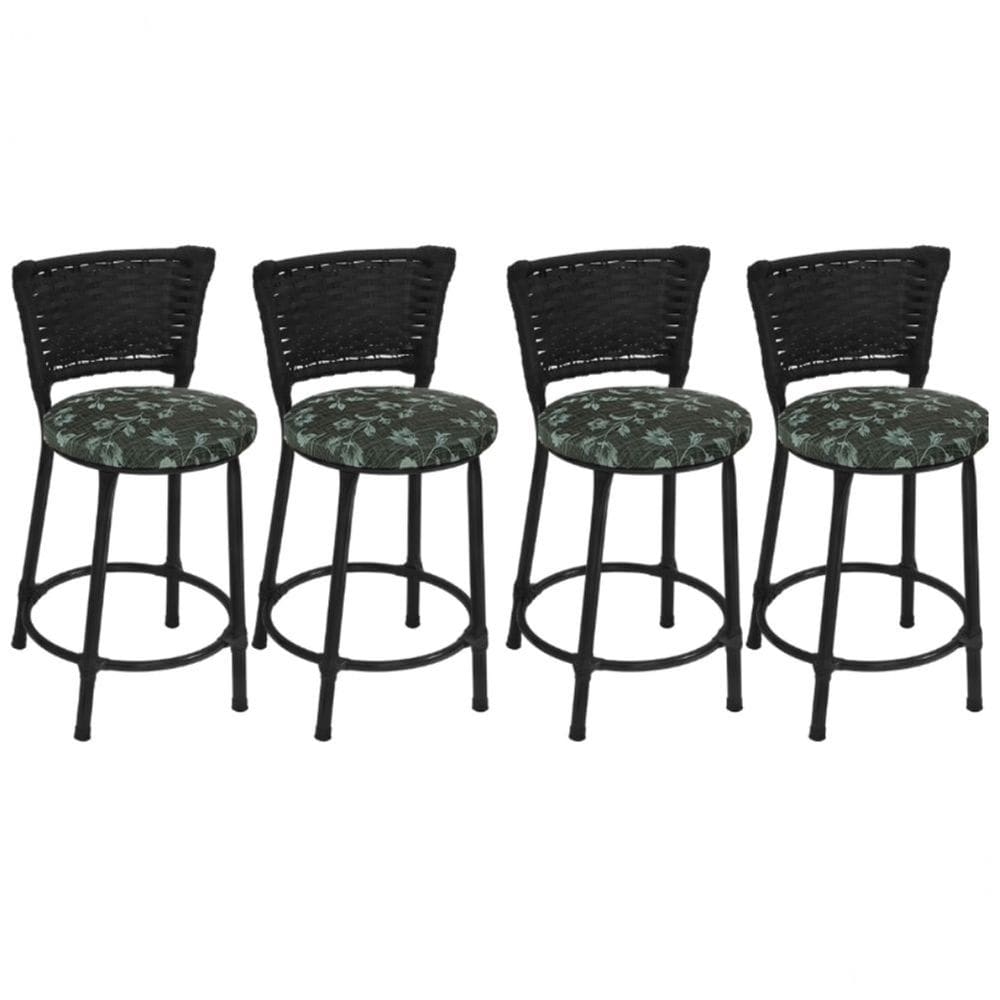 Kit 4 Banquetas Baixas Preta com Encosto Junco Preto Assento Estampado