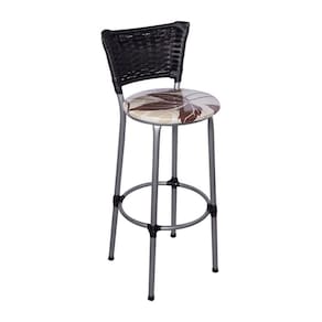 Kit 3 Banquetas Altas Prata com Encosto Junco Preto Assento Floral Marrom