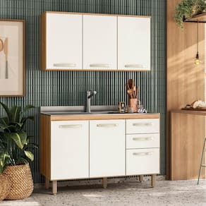 Cozinha Compacta 2 Peças 1,20 m 5 Portas 3 Gavetas Freijó Off White Cristal Bit Nicioli
