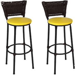 Kit 2 Banquetas Médias Preta com Encosto Junco Argila Assento Amarelo