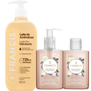 Kit Sabonete Rosa Branca e Patchouli + Refil + Hidratante Leite de Amêndoas Bege