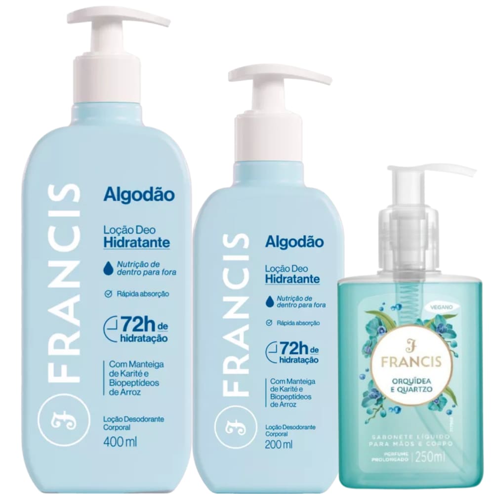 Kit Hidratante Francis Algodão Azul + Sabonete Líquido Orquídea e Quartzo